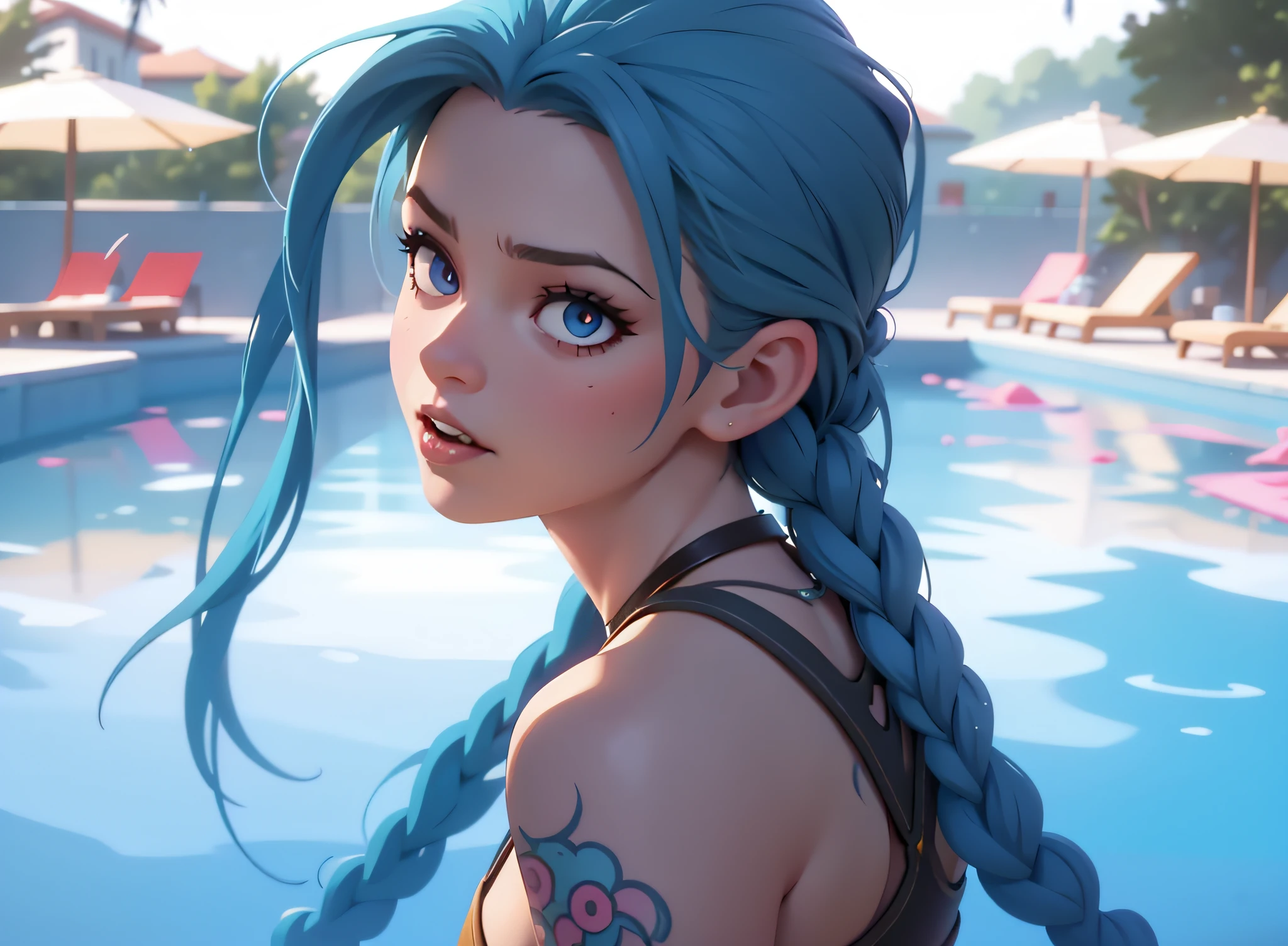 uma garota jogando como Jinx do jogo League of Legends, com explosões coloridas, ambiente caótico, armas exageradas, cores vibrantes, e iluminação dinâmica, em um estilo de ilustração digital, Ultra-detalhado, com melhor qualidade, Resolução 4k, e renderização fotorrealista.