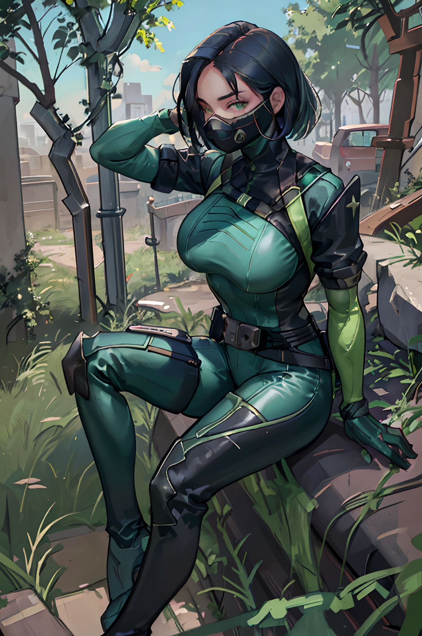 Perfect face, 8K resolution, hyper detailed photo, (((high detailed eyes))), bold lines, photoscape, ((ruin background)), bright sky, trees, shades, sitting on a car, holding gun, beauty of a goddess, sexy woman, ((huge breasts)), valorantViper, green eyes, bodysuit, gloves, belt, thigh boots, respirator