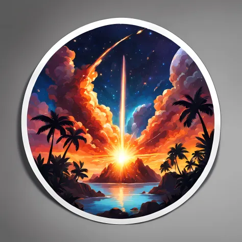 Stickers, round big ((sticker)) of a shiny fiery ((meteor)) coming from the magical sky portal, breathtaking (tropical) scenery,