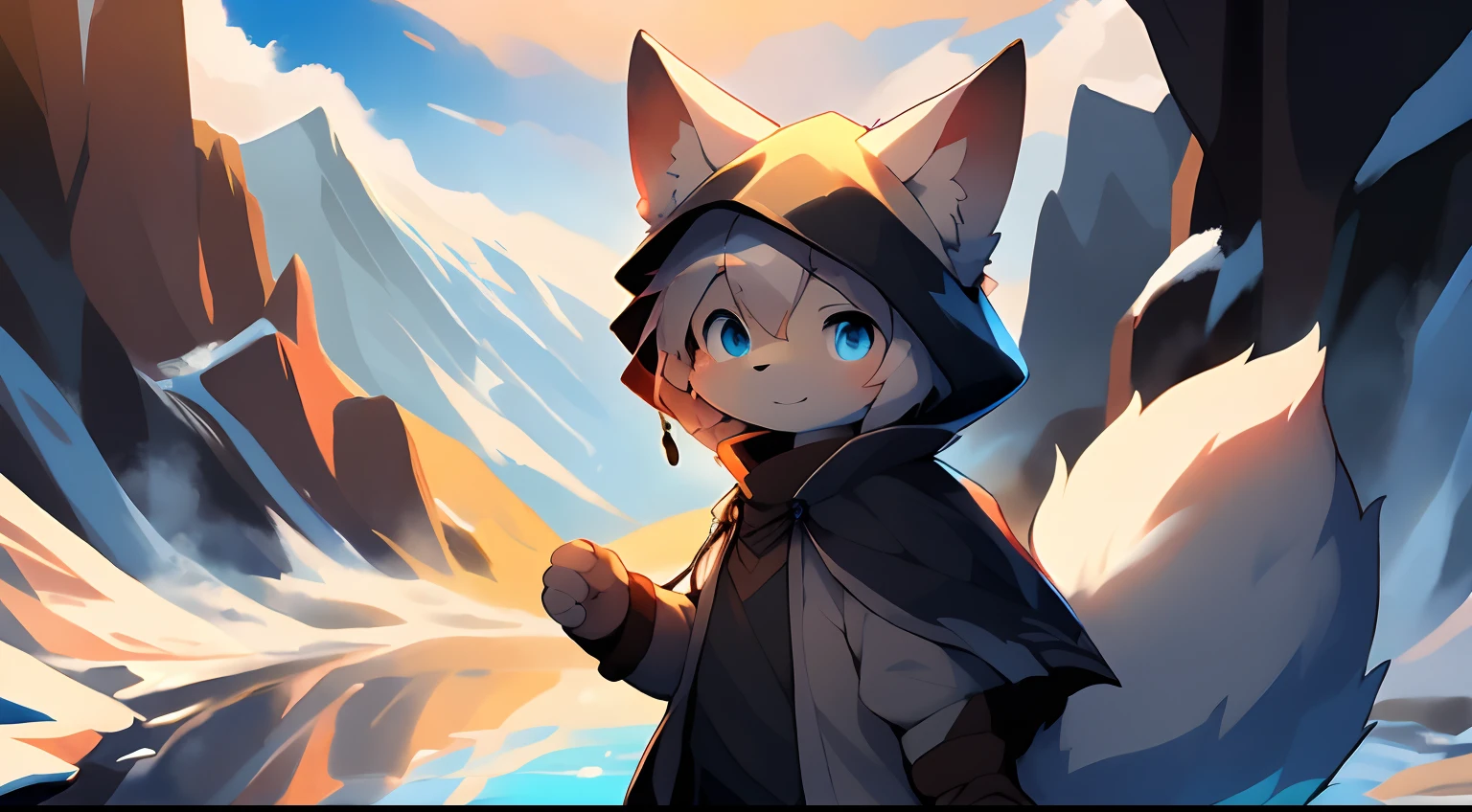 (Bright environment:0.8),Masterpiece,High quality,abstract res,Digital painting\(artwork of a\), by Dagasi, Yupa,Kiyosan,(anthro,Fluffy fur,Character focus:1.1),anthro male cat,Short hair,Portrait , eyes with brightness, in a panoramic view, Character focus.(mountainside,blue-sky:0.7), (Solo:1.2), shaggy, Furry boys,Cute face, (Large silver cloak:1.2),Look at the screen,(Full Body Furry, Fluffy tail, White fur,A pair of ears,The character is on the right, Dark blue earbuds ,Blue eyes, white color hair:1.2), (felid：1.2）,Stand on the top of a snowy mountain,