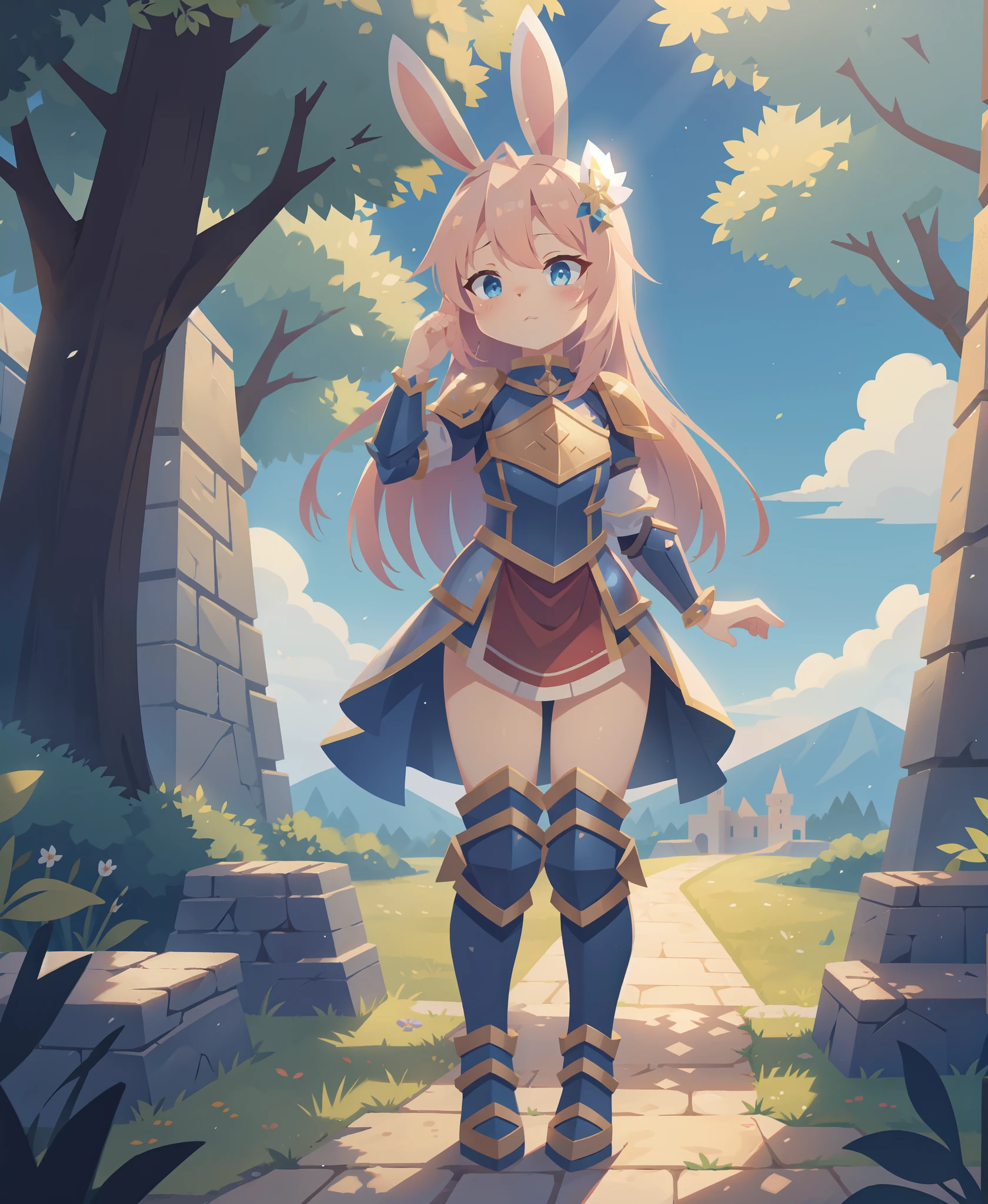 outdoor, castle courtyard, tall stone walls, detailed background, knight bunny girl, (armor with bunny-themed embellishments), standing tall and proud, bunny ears perched on her head, anime-style, expressive eyes, (by tatsuya himura), (by niji walkure:0.9), (by necoco), (by vempire), sunlight filtering through the trees, giving her a radiant glow, masterpiece