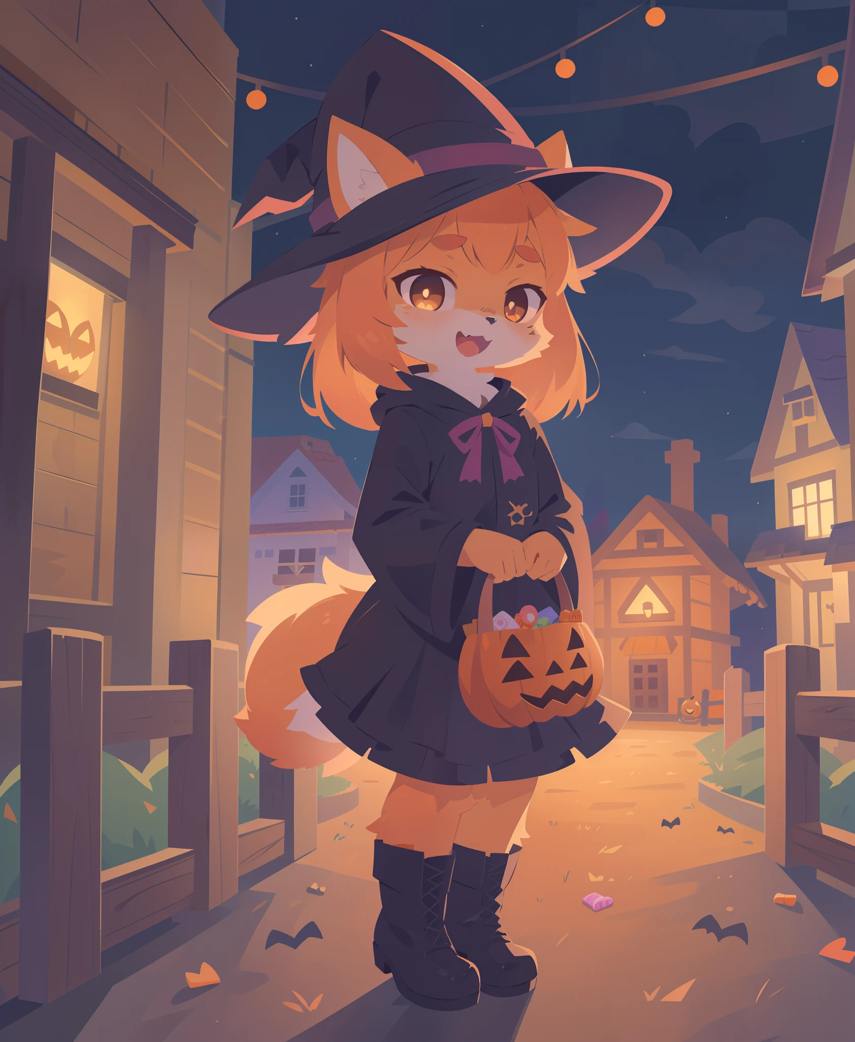 1girl, solo, witch hat, halloween, halloween theme, jack o lantern, child, :D, candy bag, standing, in front of a house, full body, night, boots, (best quality, masterpiece, illustration, ultra-detailed:1.3), (uploaded on e621, furry, anthro, kemono:1.3),