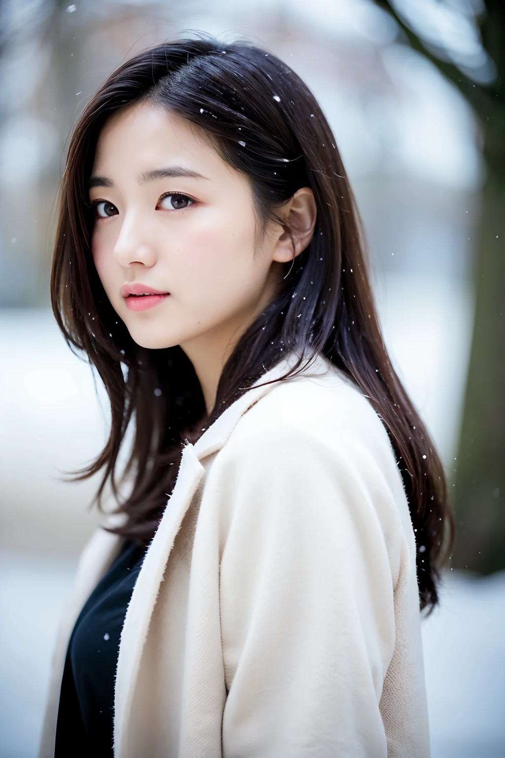 (1 Cute Japan Stars)Realistic photos of shoulder length hair、thin makeup、Medium breast size、Wearing a coat、in snow、Clear facial features、8K High Resolution、sharp and realistic details、From the outside、Eye level shots、f / 4.0、135mm、Fuji Film、jpegartifacts、dithering、UHD、​masterpiece