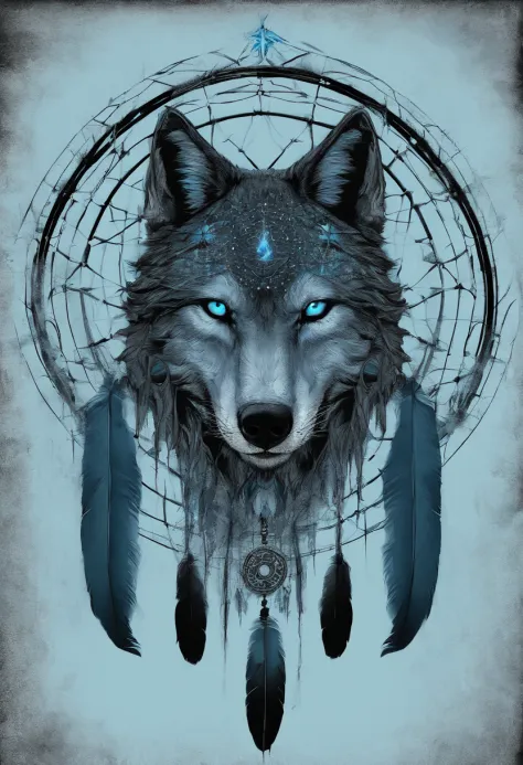 （Light blue wolves in colorful dreamcatcher circles），"The T-shirt is designed with a rounded silhouette of a wolf face, Crescent, The stars are in，Blue glowing eyeballs