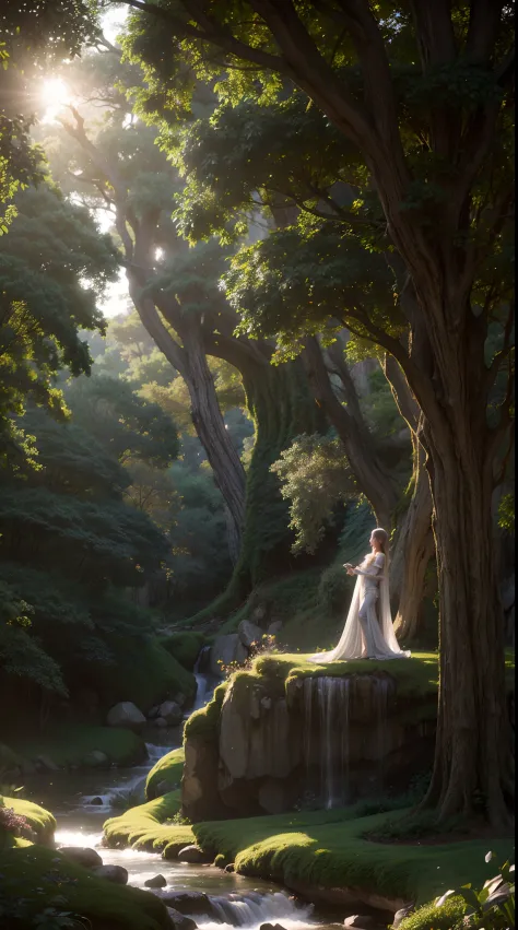 An illustration of a female elf in a fantasy world, elegantly leaning against a colossal tree that stretches into the sky, creat...