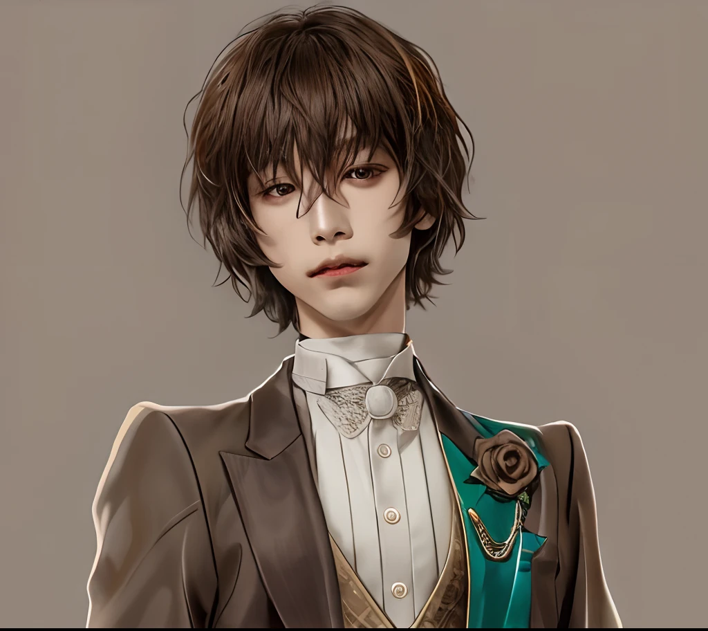 1men , dazai osamu , dark brown hair , brown eyes, handsome , realistic clothes, detail clothes, simple background, ultra detail, realistic