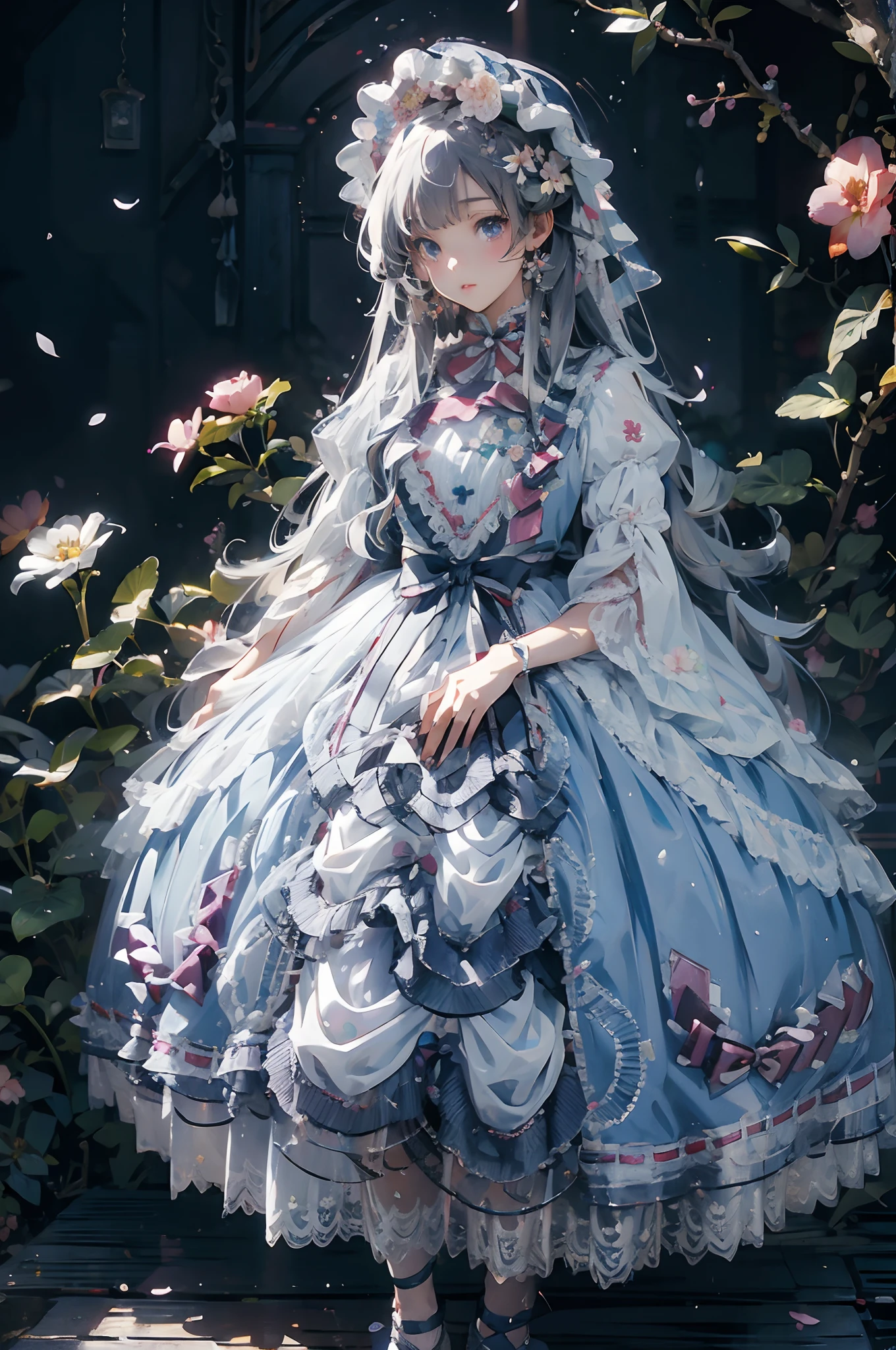 Anime girl with long hair and white dress，There are flowers on the hair, style of anime4 K, Anime art wallpaper 8 K, Anime art wallpaper 4k, Anime art wallpaper 4 K, 4k manga wallpapers, Beautiful anime artwork, Detailed digital anime art, a beautiful anime portrait, Anime wallpaper 4 k, Anime wallpaper 4K, 4K anime wallpaper, clean and meticulous anime art,Full body photo，full bodyesbian