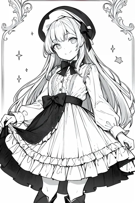 masterpiece, best quality, 1girl, solo, long_hair, looking_at_viewer, smile, bangs, skirt, shirt, long_sleeves, hat, dress, bow, closed_mouth, white vintage dress, star pupil, long stocking, boots