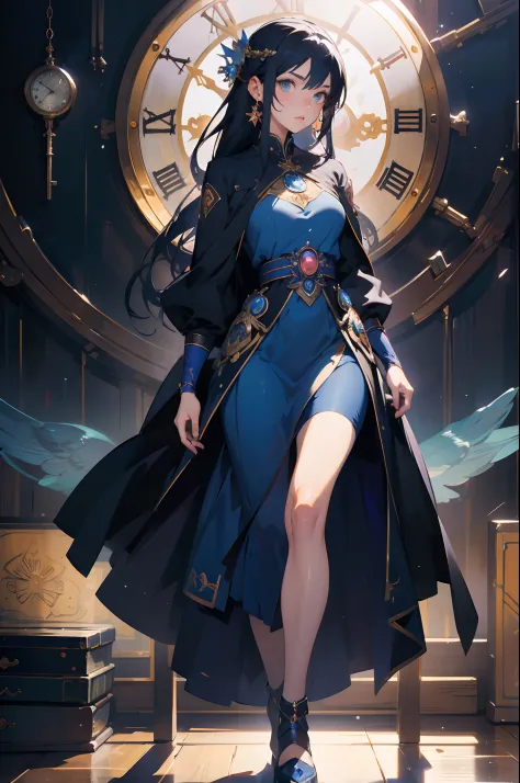there is a woman in a blue dress holding a clock, goddess of time, full portrait of elementalist, portrait of a female mage, cus...