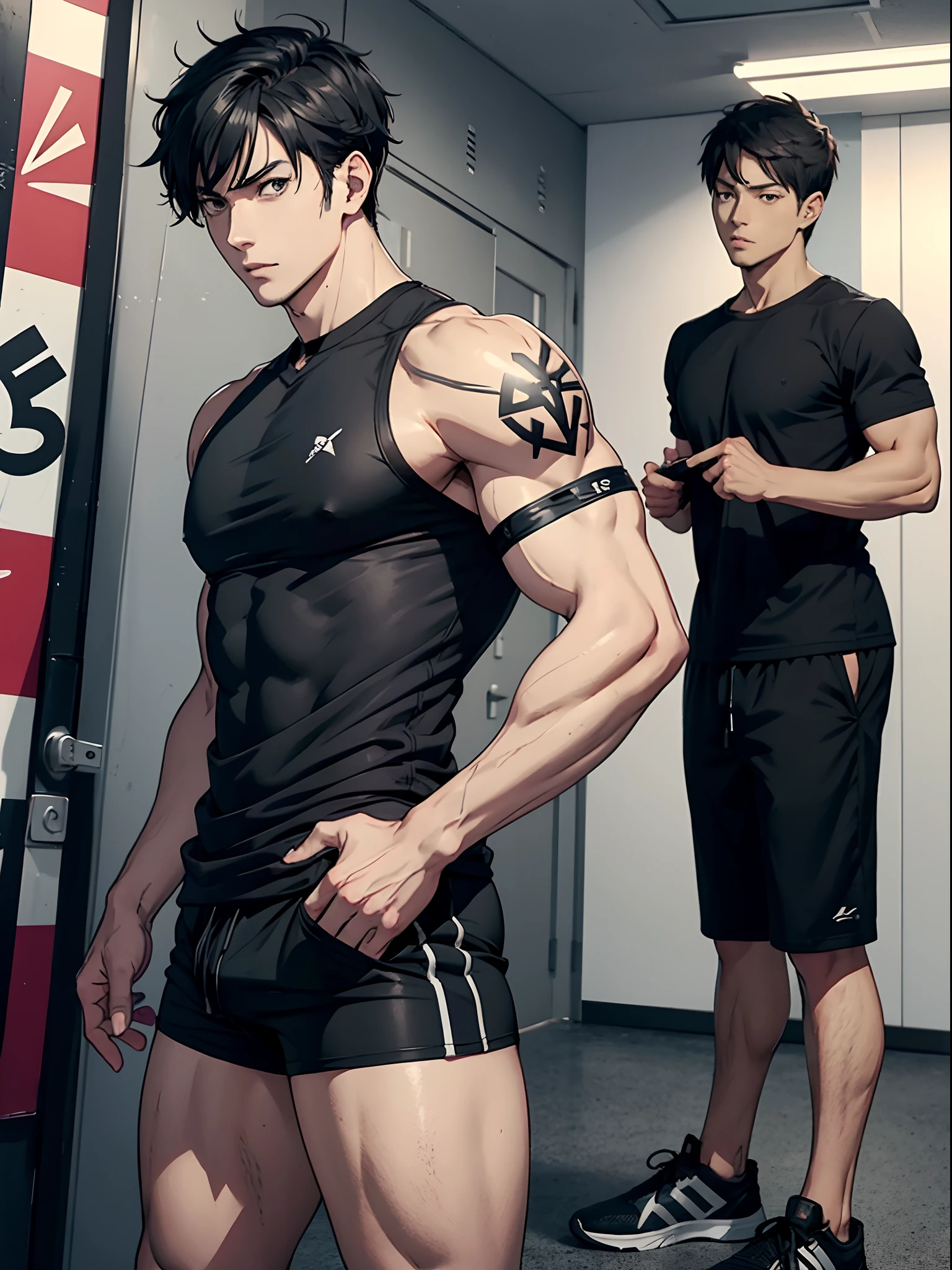 Anime guy with a tattoo on his arm and a man in shorts - SeaArt AI