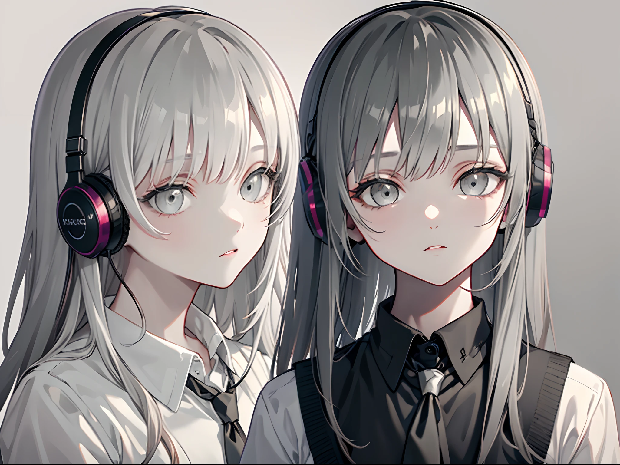 【Highest Quality, masterpiece】 [girl, Manteau, expressionless, Gray eyes, front facing, Long hair, parka, Upper body] (Gray white background:1.7), black necktie, head phone, Sexy face, Beautiful eyes