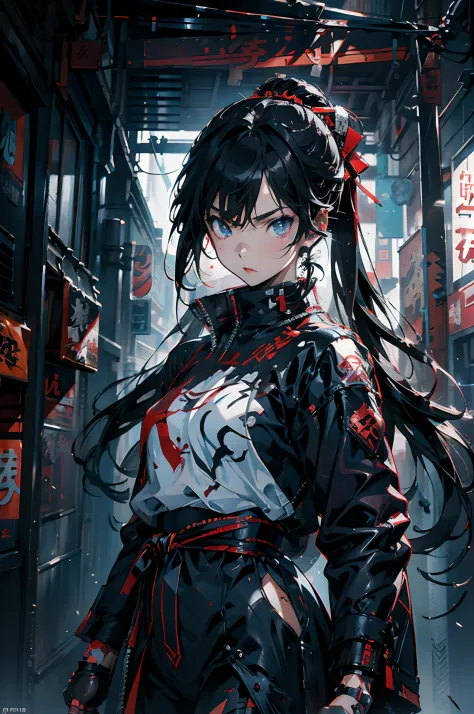 Anime - style painting of a woman holding a knife in front of a store, handsome guy in demon killer art, Tsutomu Nihei style, de...