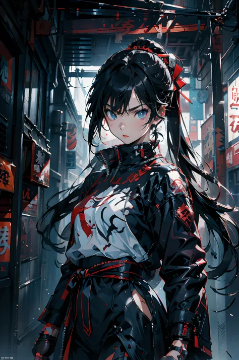 anime - style painting of a woman holding a knife in front of a store, handsome guy in demon killer art, tsutomu nihei style, de...