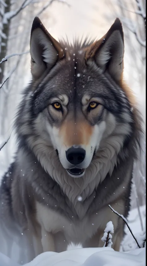 There's a wolf that's looking at the camera in the snow, retrato do lobo da fantasia, Ele tem olhos de lobo amarelos, retrato do lobo, cara de lobo antro, lobo, lobo peludo, Retrato de um lobo, alpha wolf head, Lobo no inferno, com olhos amarelos brilhante...