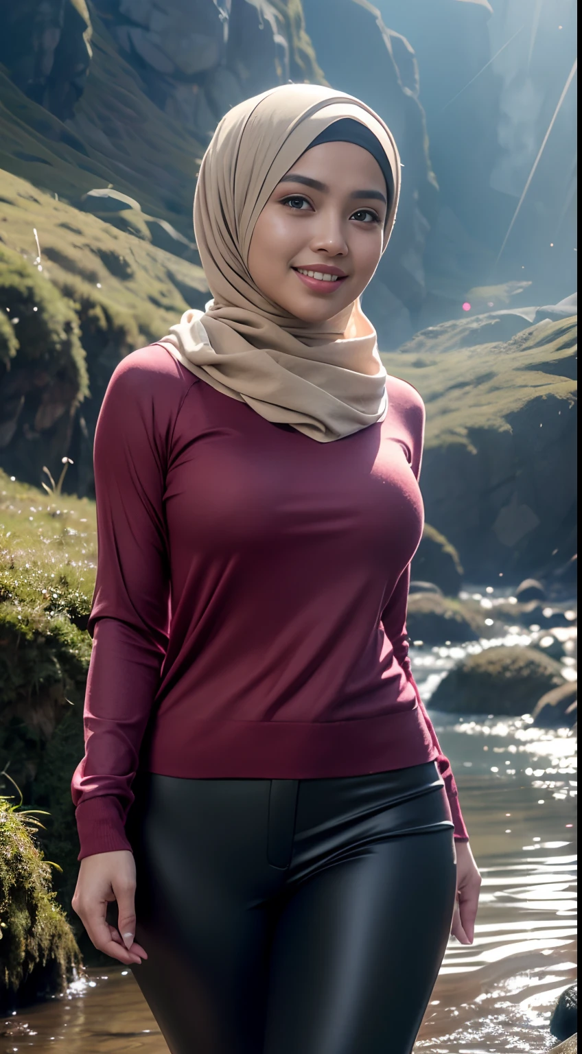 RAW, Best quality, high resolution, masterpiece: 1.3), beautiful Malay woman in hijab (iu:0.8),Best quality, high resolution, Masterpiece: 1.3, Beautiful  hijabi malay girl, Masterpiece, Soft smile,Beautiful Malay women wear pastel color hijab, ((In the woods))((Clear stream deep in the dark mountains)),((Rock in the background)),  bright sunshine, hiking clothes, pullover, long pants, highres,4k,HDR,1girl, photorealistic, realistic,sweat skin, wet clothes, wet body, big breast, ((full body))soaked, dripping, smiling at viewer, closeup