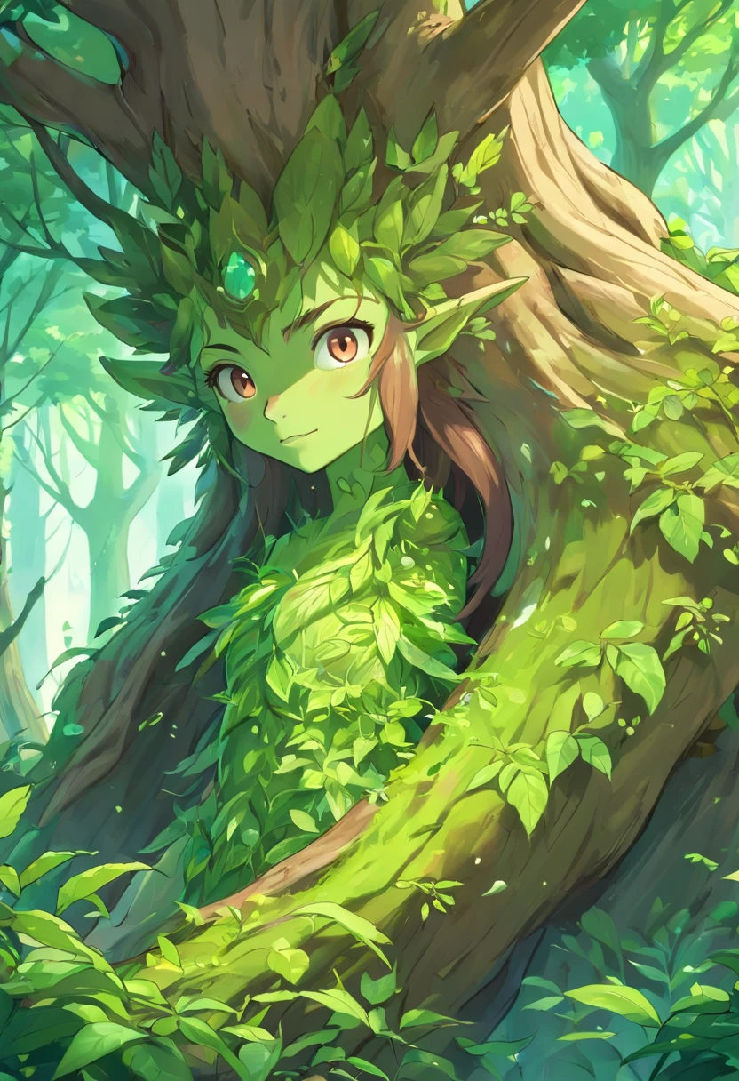 A girl in a green dress standing in front of a tree - SeaArt AI