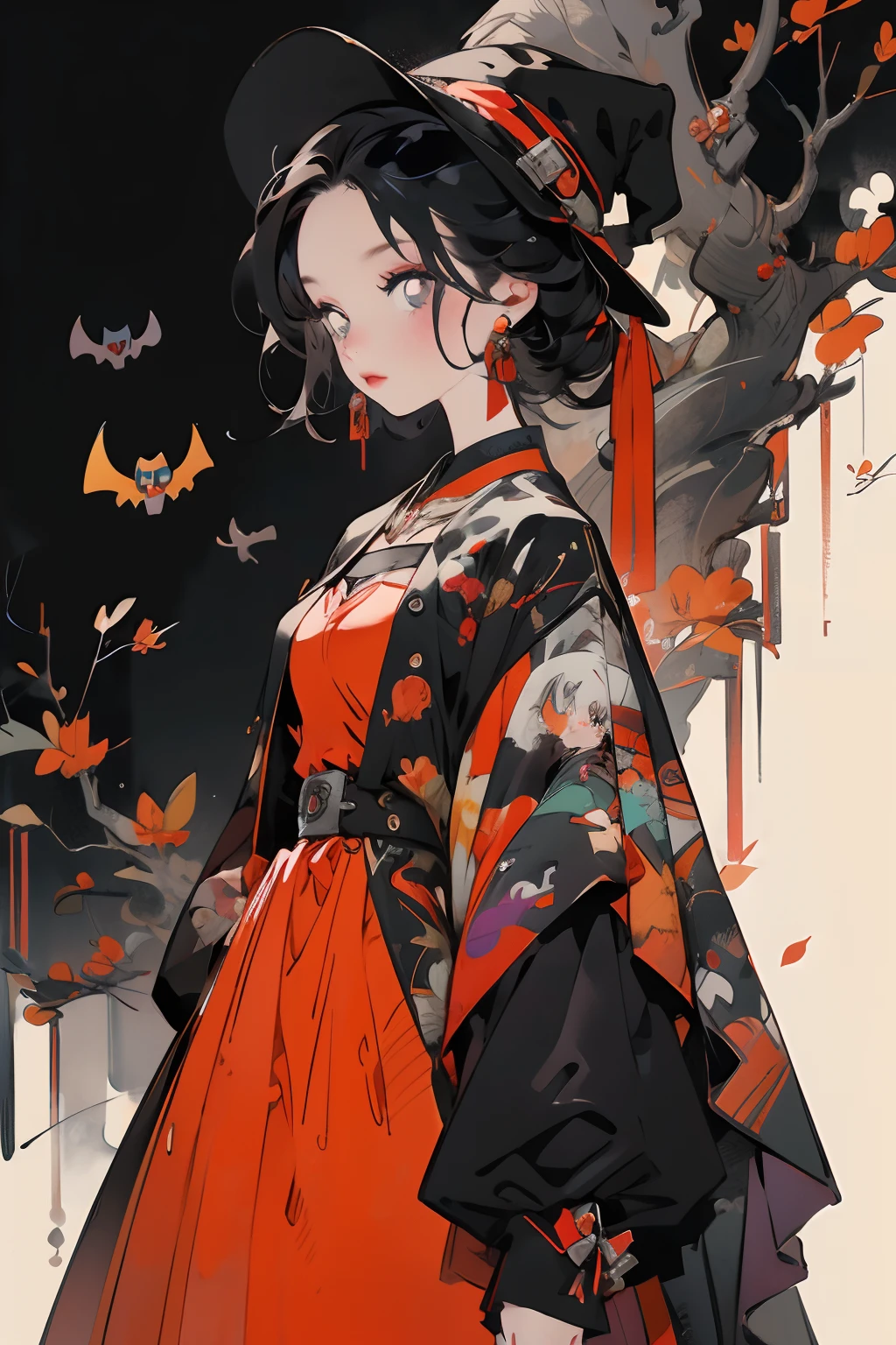 in a red dress，Anime girl in black cape and black hat, style of anime4 K, in a halloween style, gothic maiden anime girl, Kawasi, cute anime waifu in a nice dress, Anime art wallpaper 8 K, 🍂 Cute, Badass anime 8 K, Best anime 4k konachan wallpaper, halloween art style, Anime art wallpaper 4k