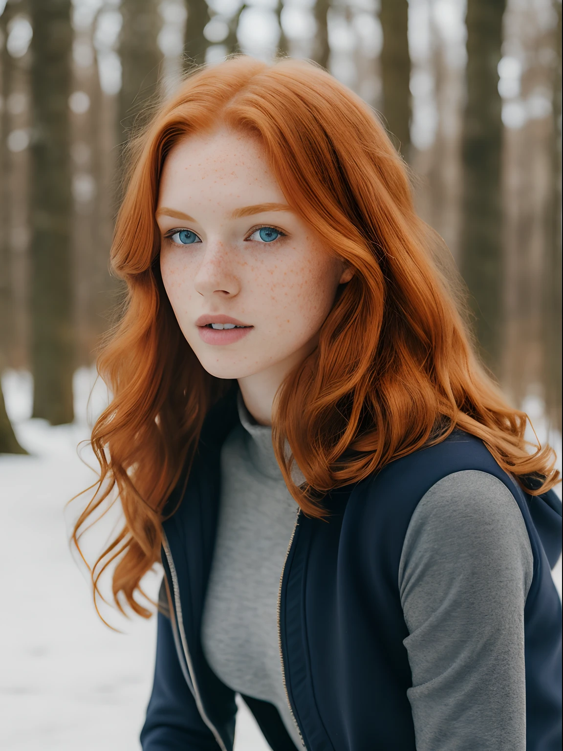 (1girl in, age19, Solo, Aesthetic artwork, irish redhead, wavy ginger hair, shoulder length ginger hair, light grey eyes, some small freckles, pale skin, A-cup, small breasts, runners body, (textured skin, skin pores:1.1), (moles:0.8), imperfect skin, goosebumps, wearing dark gray jacket, wearing navy blue leggings, empty trees, early winter, no snow, blury background, (action shot, kneeling, 1.25), (extremely detailed 8k wallpaper), (hard lighting), high quality, film grain, Fujifilm XT3 sharp focus, f 5.6, 50mm, High Detail, Sharp focus, (natural light), crazy details, complex details, hyperdetailed