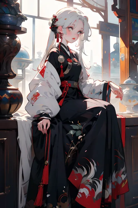 anime girl with long white hair and red and black dress, white haired deity, guweiz, white haired, white-haired, girl with white...
