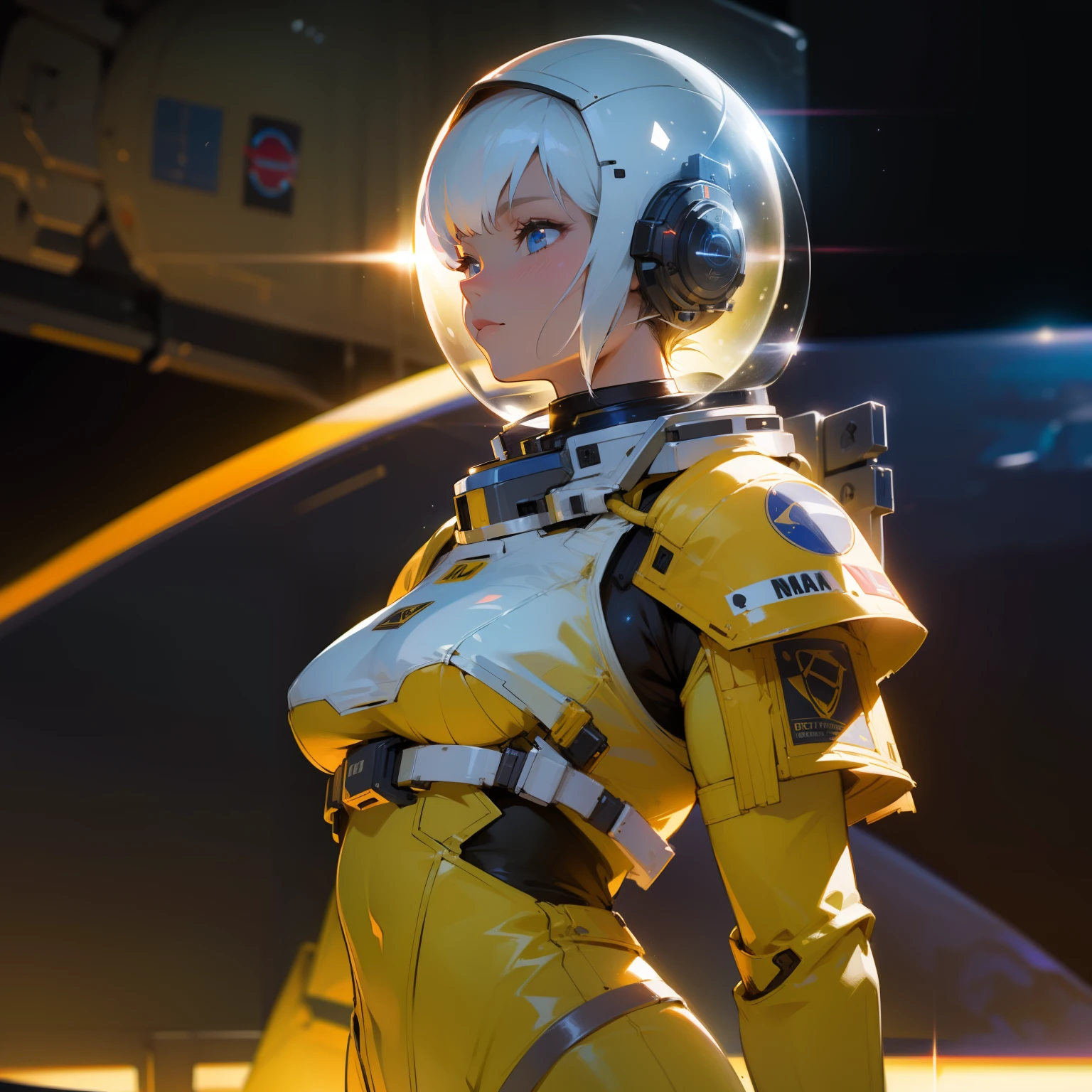Top quality, ultra high resolution, (photorealistic: 1.4), jumpsuit, sci-fi space background, circuit plate mail, medium breasts, realistic world, outdoors, light hair, armour, space, knight, character design, white hair, 1girl,