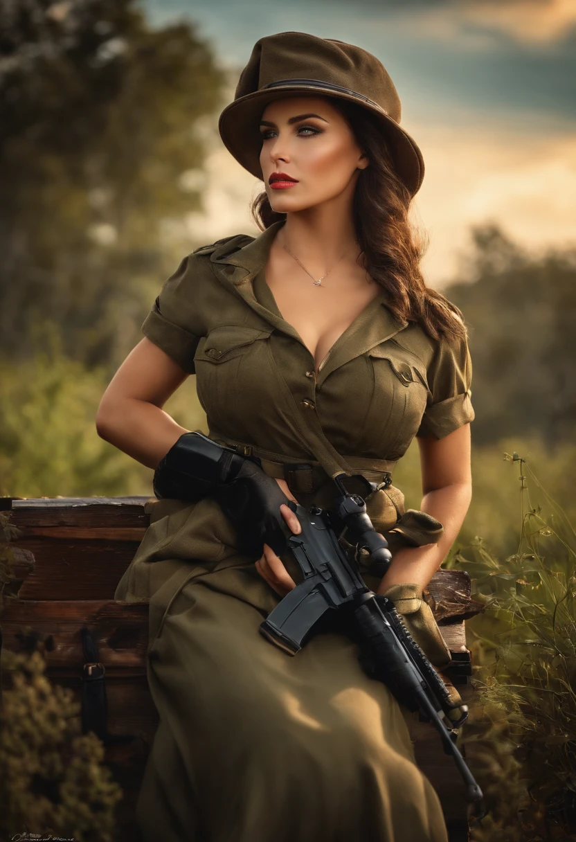 A woman in a military dress and hat holding a gun - SeaArt AI