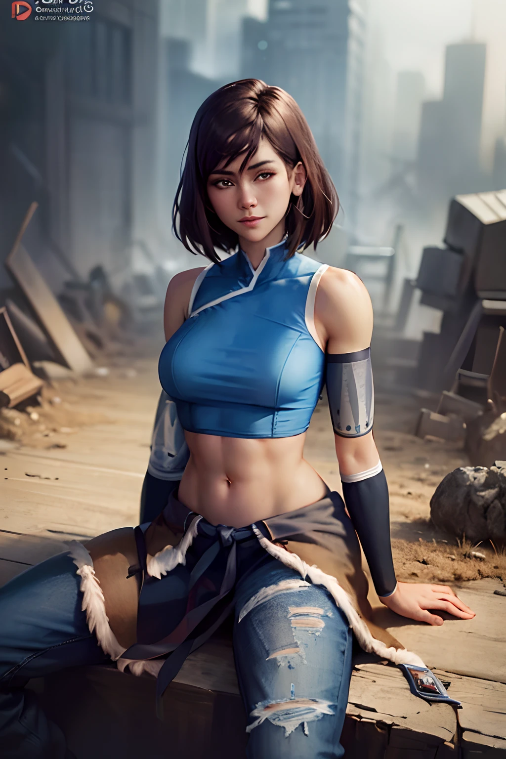 Korra, sitting on some stairs, ripped jeans, tank top, ((pulls up her shirt)) , slightly muscular, Beautiful anime waifu style girl, hyperdetailed painting, luminism, art by Carne Griffiths and Wadim Kashin concept art,  post-apocalyptic background, abstract beauty, approaching perfection, pure form, golden ratio, minimalistic, dark atmosphere, unfinished, concept art, intricate details, 8k post production, high resolution, hyperdetailed, trending on artstation, sharp focus, studio photo, intricate details, highly detailed, by Jon Bauer