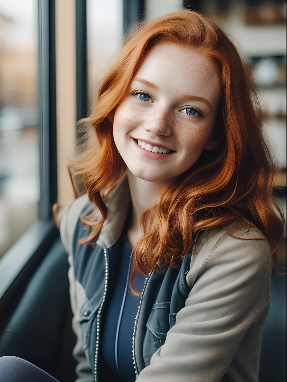 (1girl in, age19, Solo, Aesthetic artwork, irish redhead, wavy ginger hair, shoulder length ginger hair, light grey eyes, some small freckles, smiling, pale skin, A-cup, small breasts, runners body, (textured skin, skin pores:1.1), (moles:0.8), imperfect skin, goosebumps, wearing dark gray open fall jacket, wearing navy blue leggings, in a cozy coffee shop, blury background, (action shot, sitting at window: 1.25), (extremely detailed 8k wallpaper), (hard lighting), high quality, film grain, Fujifilm XT3 sharp focus, f 5.6, 50mm, High Detail, Sharp focus, (natural light), crazy details, complex details, hyperdetailed