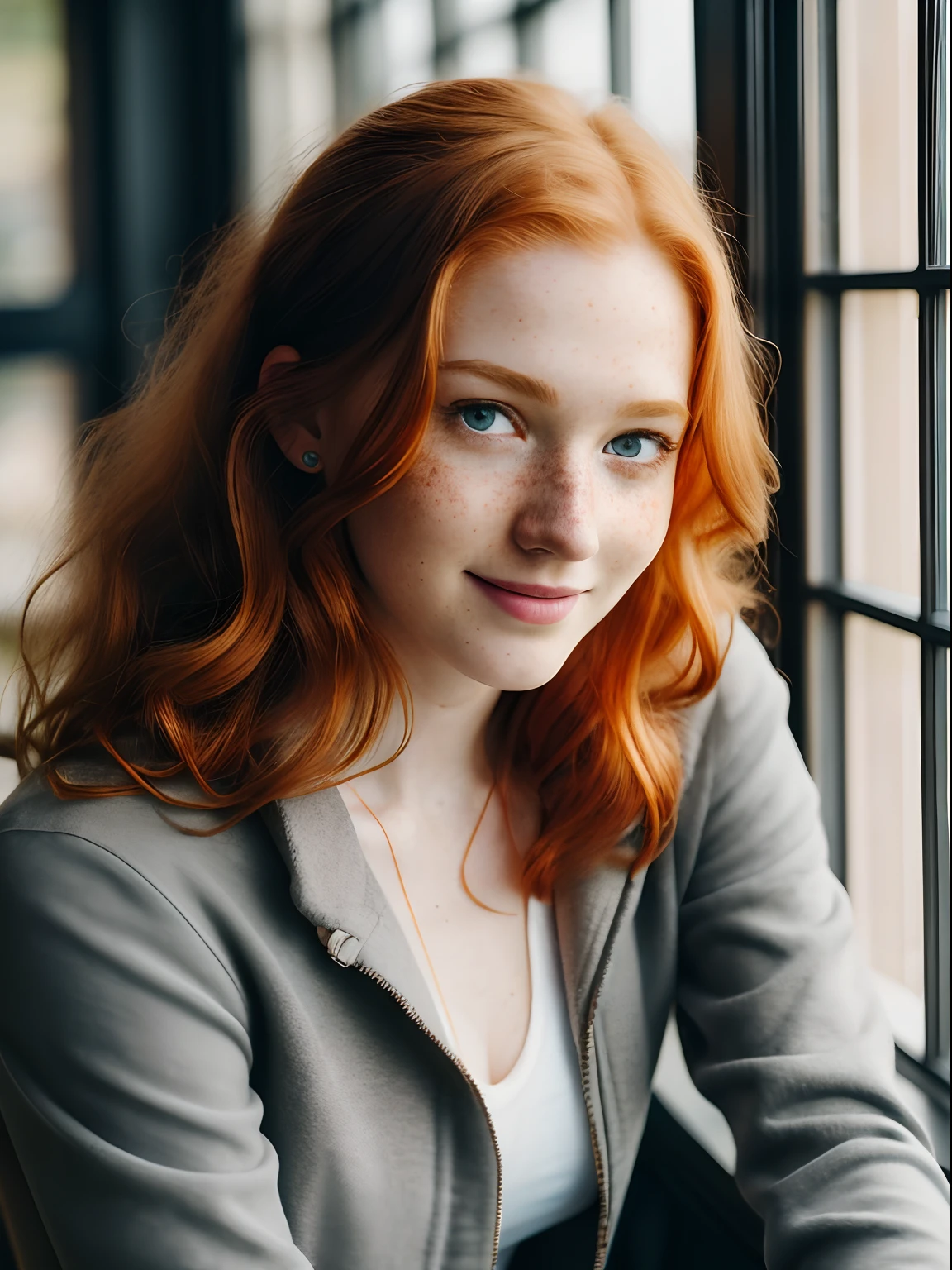 (1girl in, age19, Solo, Aesthetic artwork, irish redhead, wavy ginger hair, shoulder length ginger hair, light grey eyes, some small freckles, smiling, pale skin, A-cup, small breasts, runners body, (textured skin, skin pores:1.1), (moles:0.8), imperfect skin, goosebumps, wearing dark gray open fall jacket, wearing navy blue leggings, in a cozy coffee shop, blury background, (action shot, sitting at window: 1.25), (extremely detailed 8k wallpaper), (hard lighting), high quality, film grain, Fujifilm XT3 sharp focus, f 5.6, 50mm, High Detail, Sharp focus, (natural light), crazy details, complex details, hyperdetailed