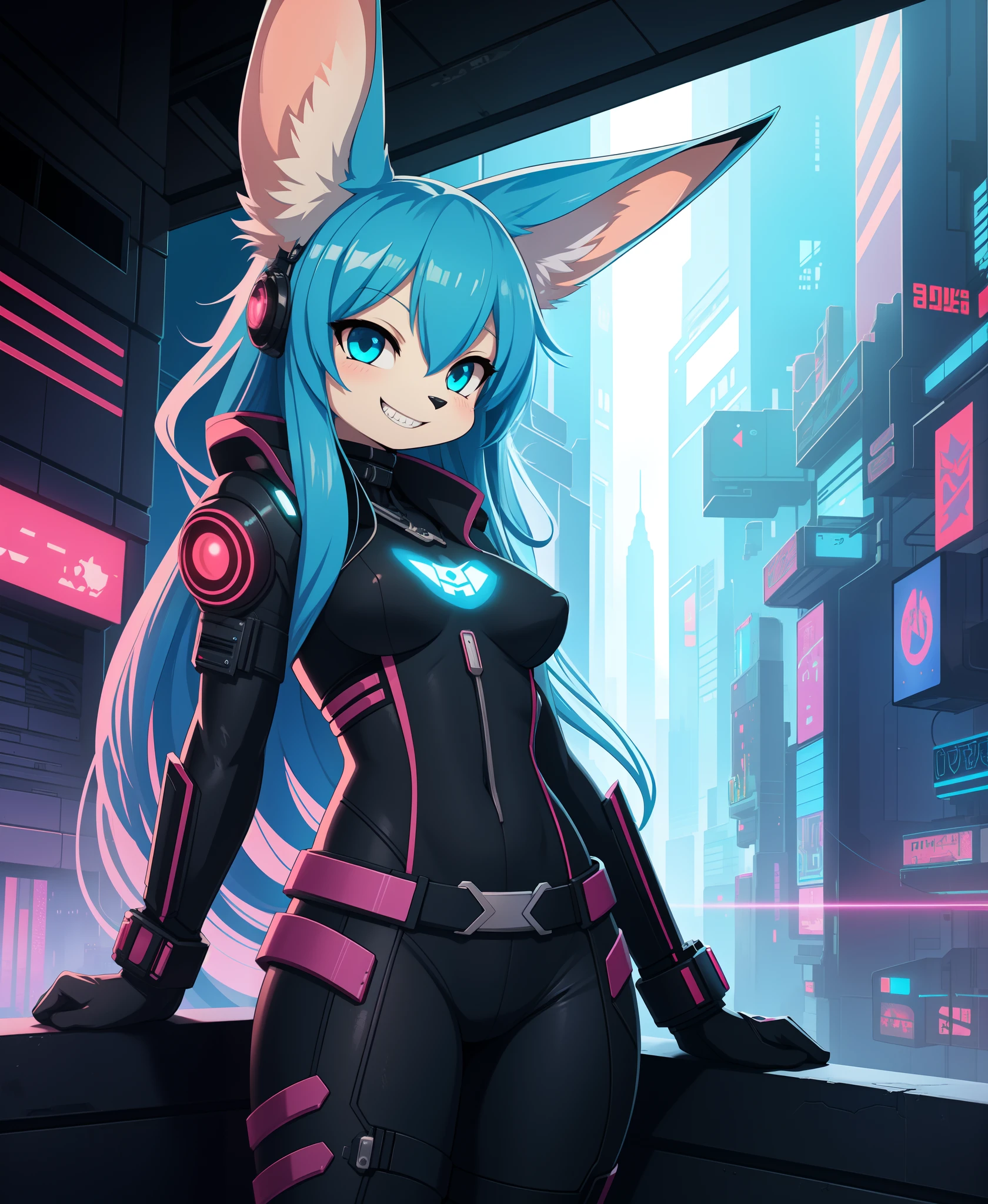 (cyberpunk style:1.2), (Anime, cute), (fluffy anthro furry:1), Fennec, (very long curly blue hair, woman, detailed face), (small breasts:1) , pose, grin BREAK cityscape, masterpiece, best quality, subsurface scattering, absurd res, soft lighting, countershading, detailed background, in the style of [Ashley Wood|Alex Maleew]