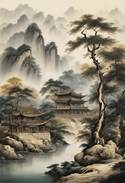Chinese，Chinese landscape，Traditional Chinese painting，Ancient rhyme Jiangnan，Yamakawa，Cypress，Pavilions，Leave white space，elegant