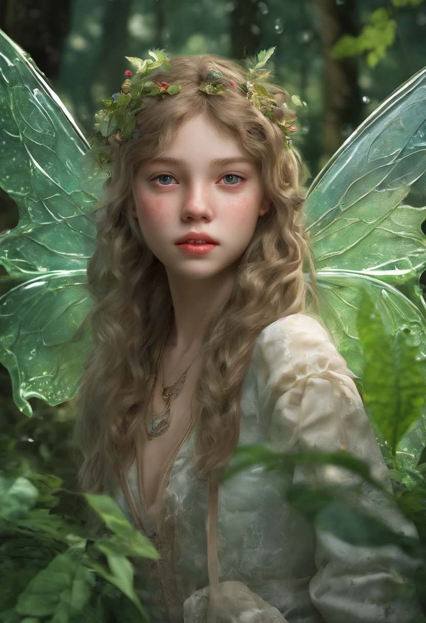 (Masterpiece, Best quality, Ultra-detailed, Best Illustration:1.4), 1 Little Fairy, The wings of the little fairy，(Slime girl:1.3),(See-through:1.5）afloat,Green wind ，Silk fabric，(refractions,Reflection:1.2) ,  Transparent skin, sunshine day，ln the forest