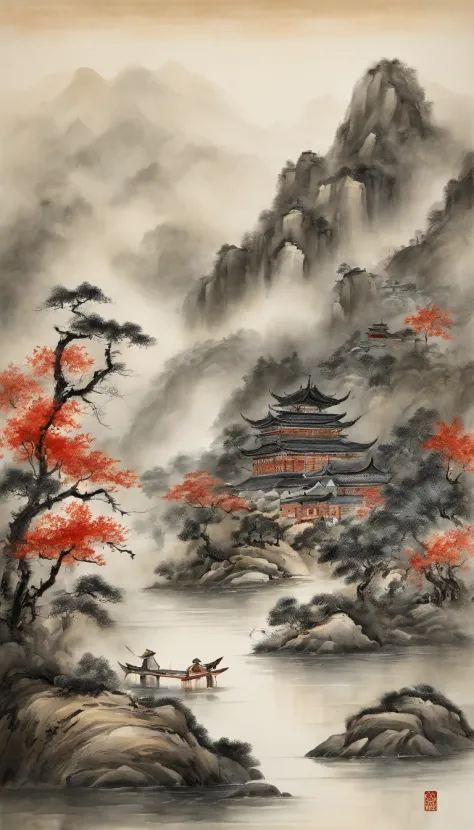 In Chinese landscape painting、Use ink and watercolor styles、We produce on the screen by incorporating ink、Depict detailed landscapes from a distance to an ultra-wide perspective.。A light boat floats in the distance、Tarnished that meticulous detail、Beautifu...