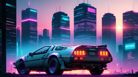 Retrowave, cyberpunk, 1985 DeLorean, bright neon, during sunset, urban setting at night, 80s futurism