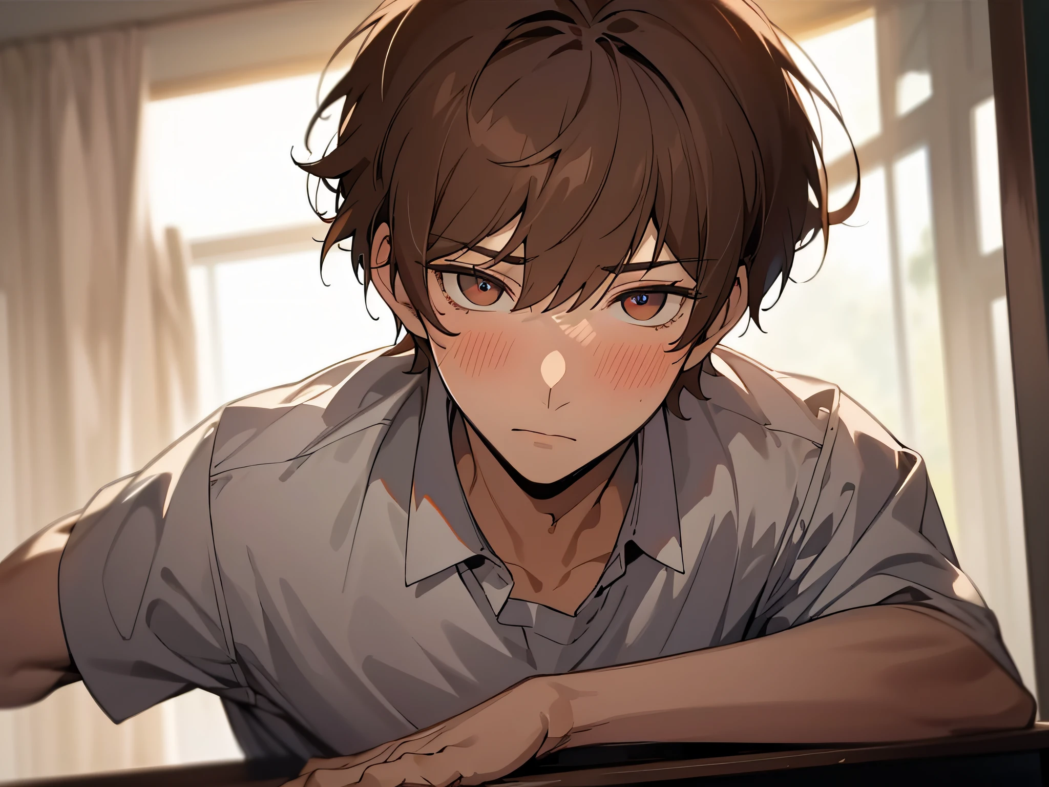 Anime boy with brown hair leaning on a table looking at the camera - SeaArt  AI