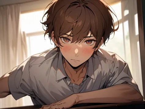 ((((Solo)))),24-year-old boy, Warm skin, Pupil purple, Hanging,sharp eye,Dead Eyes Male Focus, Looking at Viewer, Upper body ,Brown hair, Short hair, Facial Focus,Adult, shirt, Best Quality, Facial details.,‎Classroom,dynamic ungle