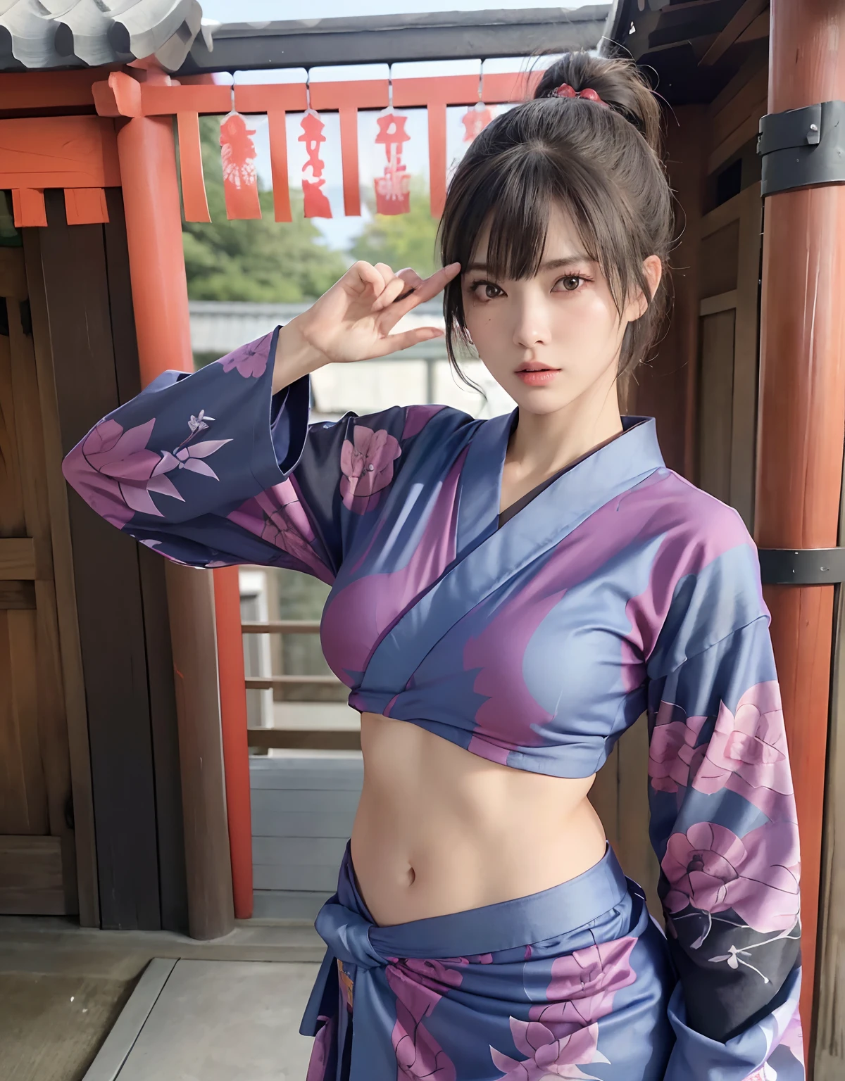 ((Female ninja))、(top-quality、8K、32K、​masterpiece、超A high resolution、nffsw:1.3)、(Japan idol:1.3)、1girl in、(Colossal tits:1.25)、(short-hair)、abdominals、the perfect body、((Takan Ninja)), Delicate facial features, Ultra-realistic, Hyper-realistic, 鎖骨、Shadow、octan render、(((Mystical expression))),((Wear a beautiful kimono with a high degree of exposure)),hyperdetailed face、Detailed lips、finely eye、二重まぶた、(魅惑的)、((agitation:1.5))、maikurobikini、((Navel))、Armpit、、Details of complex ornaments、Japan details、highly intricate detail、Realistic light、CGSoation Trends、((Female ninja)),Kunoichi Ninja、Throw shurikens、Japan holding a sword、Mystical expression、shrine background、Old Town of Japan、((heavy breasts)),(((Fierce battles with ninjas))),(((Toostock))),highcontrast、(((Full Body Angle))),Colorful kimono、