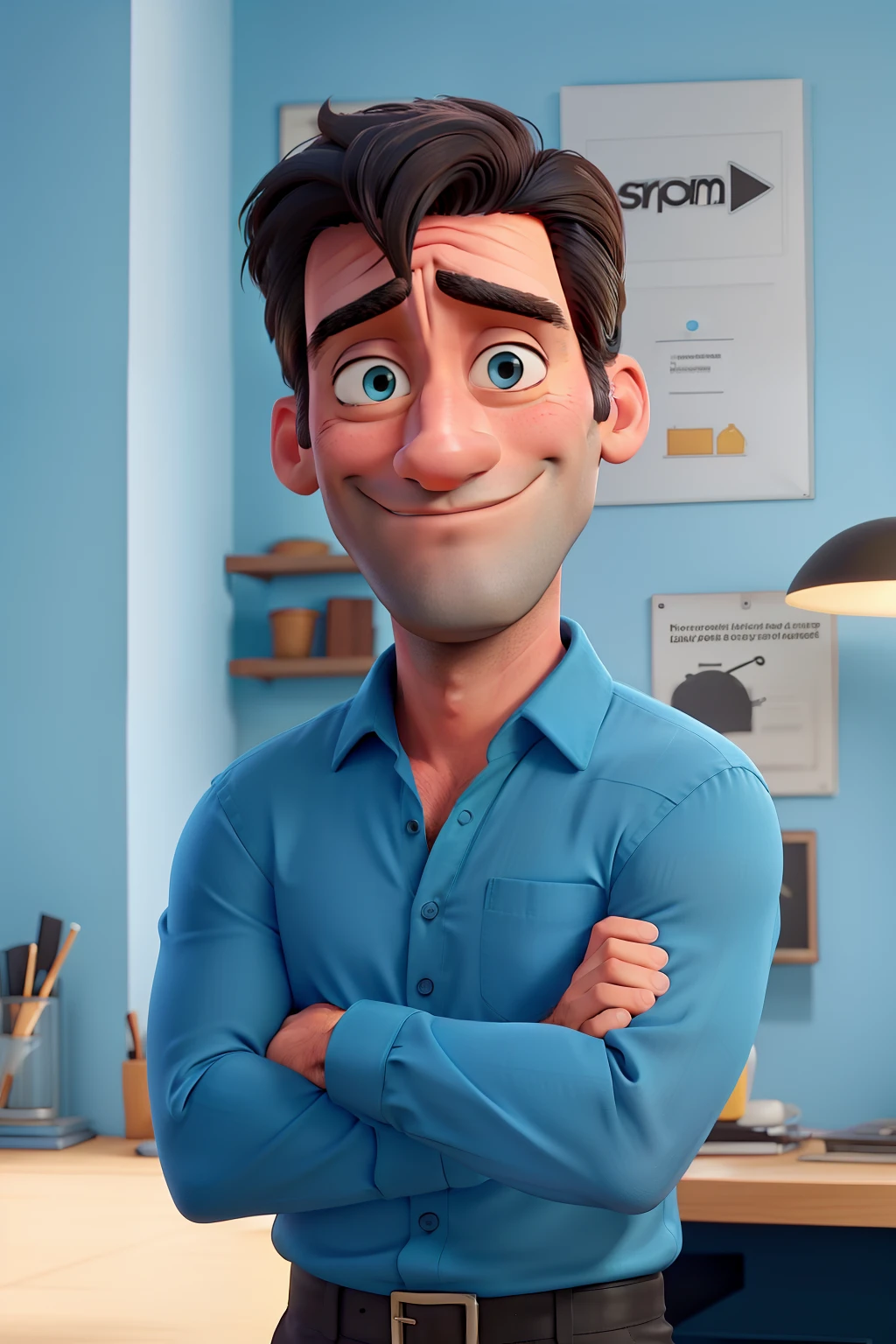 Jon Hamm, Cartoon in light blue shirt and black pants, arms crossed, olhando para frente e sorrindo com os dentes aparecendo;