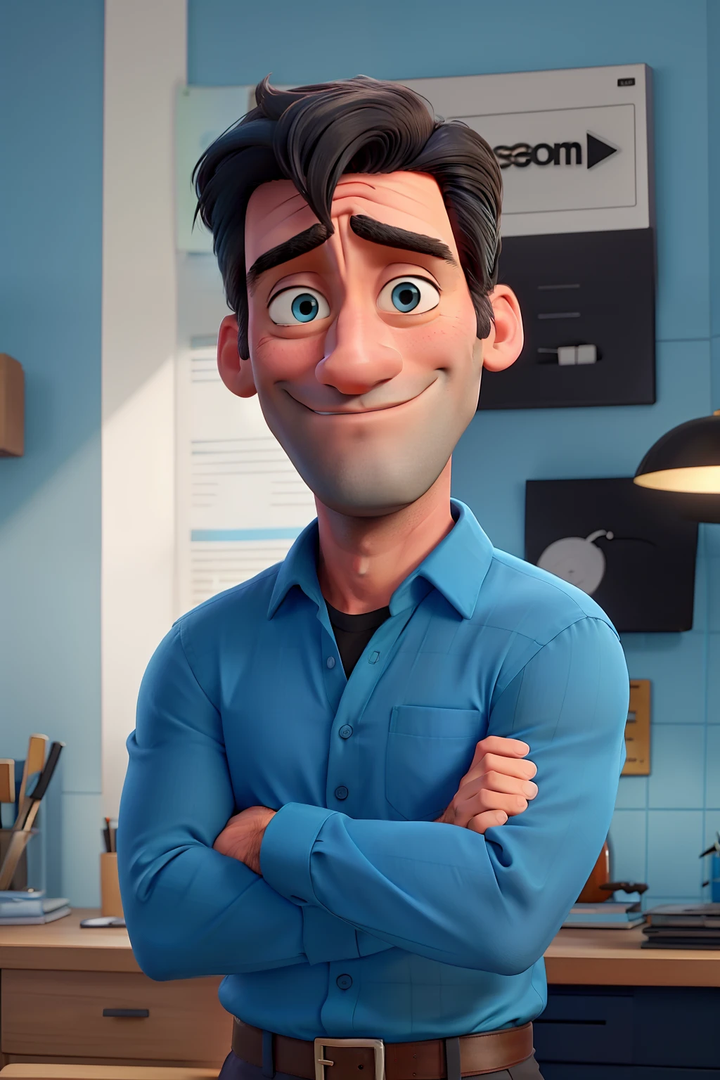 Jon Hamm, Cartoon in light blue shirt and black pants, arms crossed, olhando para frente e sorrindo com os dentes aparecendo;