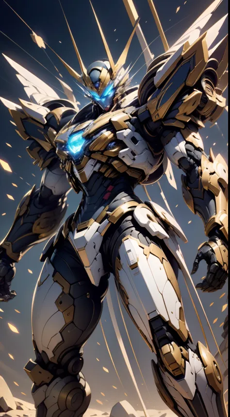 Masterpiece from Canon EOS R6, (Best Quality), (Mecha: 1.3AND Saint Seiya), (Transparent Eight Crystals: 0.4), Battle Stance, Playful Smile, (((Masterpiece)), (Detail: 1.4), Panorama, Wide Angle, Cinematic Lighting, (White: 1.5|Blue), (Glow Special Effects...