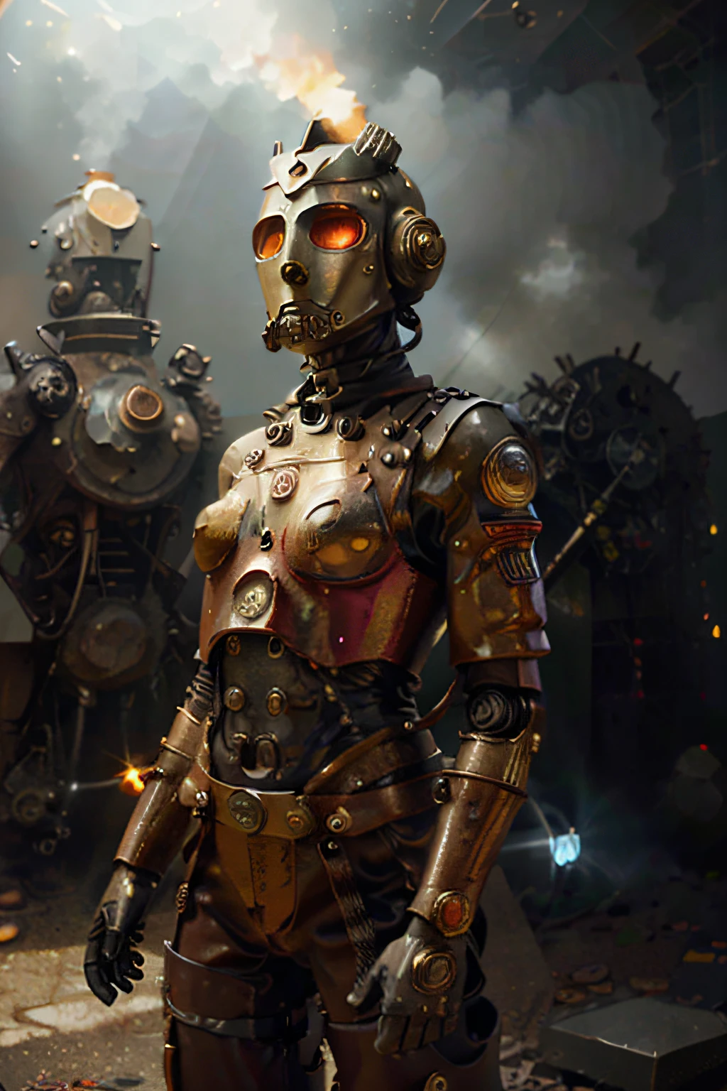 A Modern Rocketeer Girl Robot and tatoos, and helmet Style, tongs in hands, Tv head, pinhead, camouflage Gold Silver Pink Rusty, Ambient in a meteorite crater super detailed, center, beautiful, soft lighting, focused on the character, 4K resolution, photorealistic rendering,