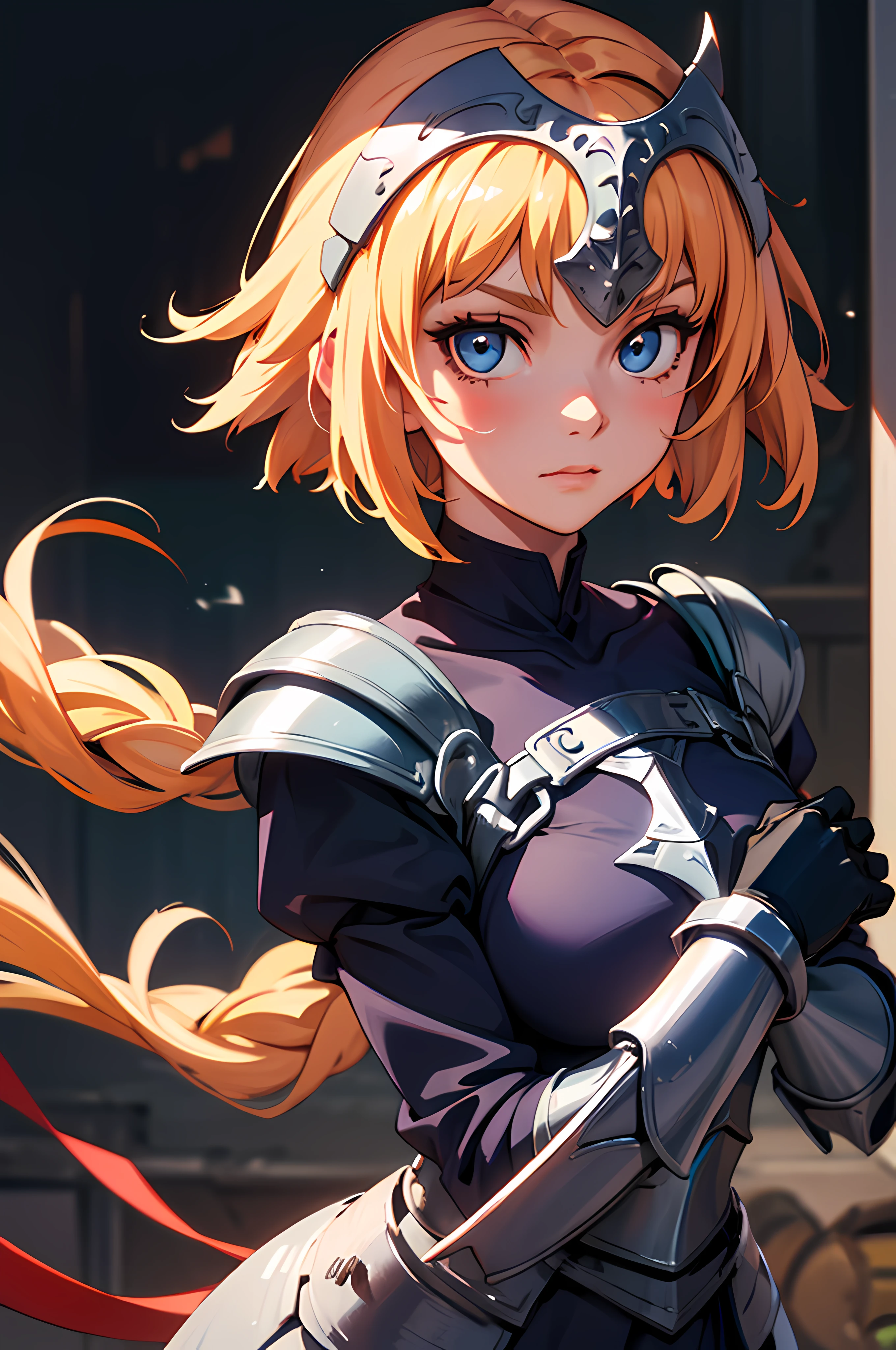 1girl, solo, (masterpiece), best quality, expressive eyes, perfect face, jeannedarc, jeanne darc, blonde hair, blue eyes, long hair, armor, armored boots, armored dress, black gloves, black thighhighs, braid, dress, gauntlets, safety face, gloves, headpiece, blue dress, single braid, thighhighs,  character sheet, face portrait, looking at viewer