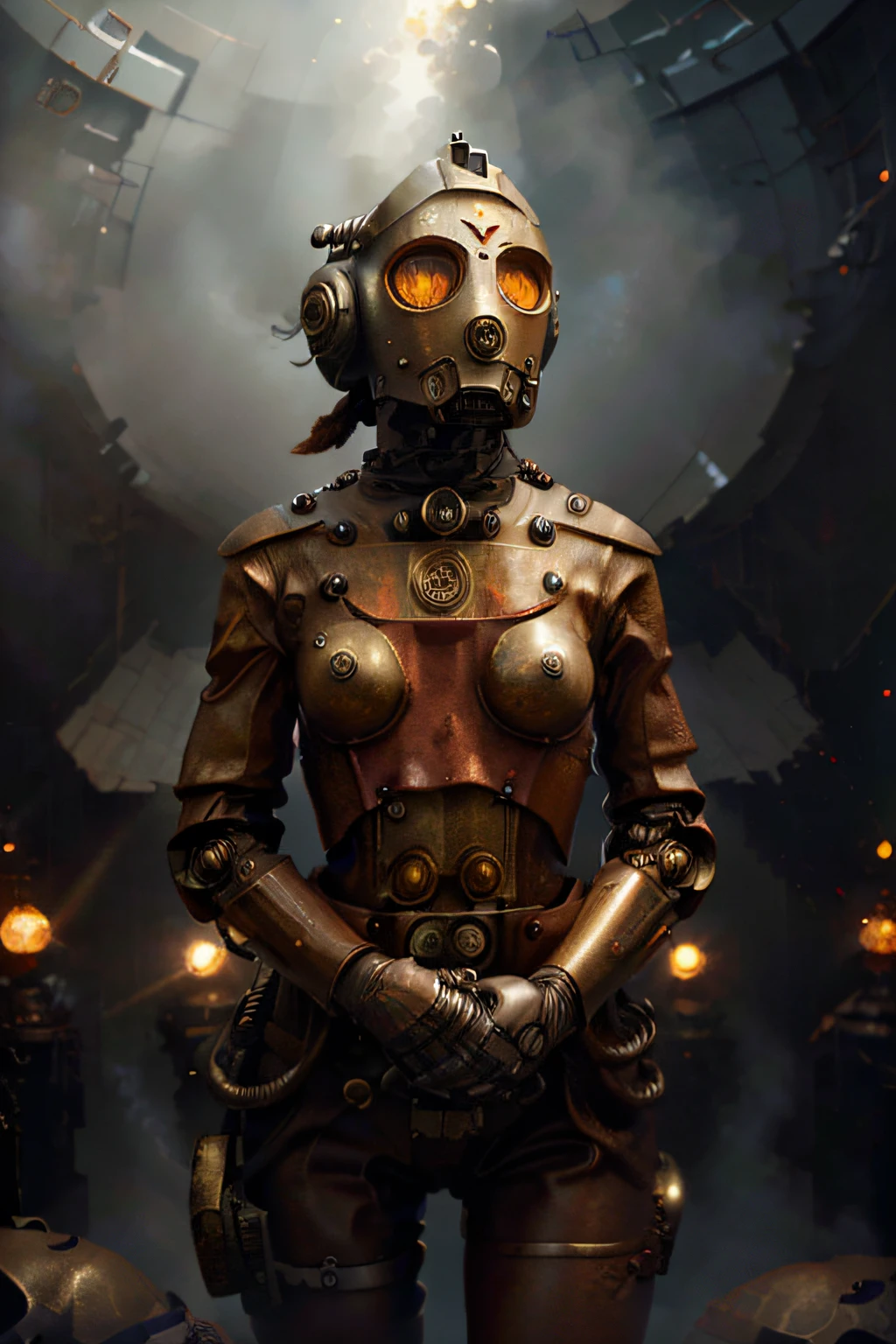 A Modern Rocketeer Girl Robot and tatoos, and helmet Style, tongs in hands, Tv head, pinhead, camouflage Gold Silver Pink Rusty, Ambient in a meteorite crater super detailed, center, beautiful, soft lighting, focused on the character, 4K resolution, photorealistic rendering,