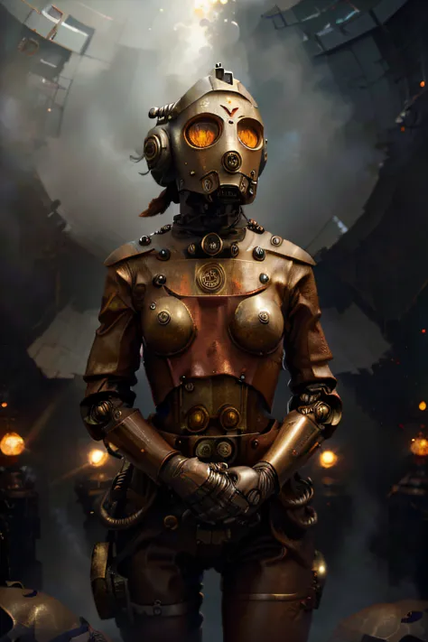 A Modern Rocketeer Girl Robot and tatoos, and helmet Style, tongs in hands, Tv head, pinhead, camouflage Gold Silver Pink Rusty,...
