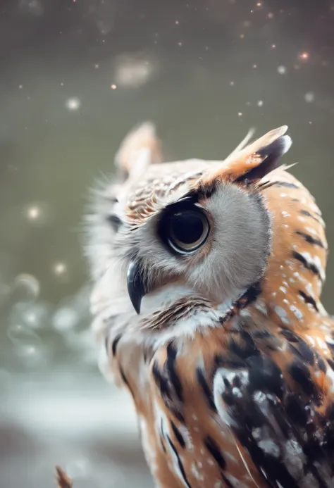 The owl wears a space helmet，Fly over the water，inverted image，Sharp focus，Bokeh，depth of fields，Works of masters，super-fine，Hyper-realistic，8K，Best picture quality，Detailed description，电影灯光，cinematic perspective