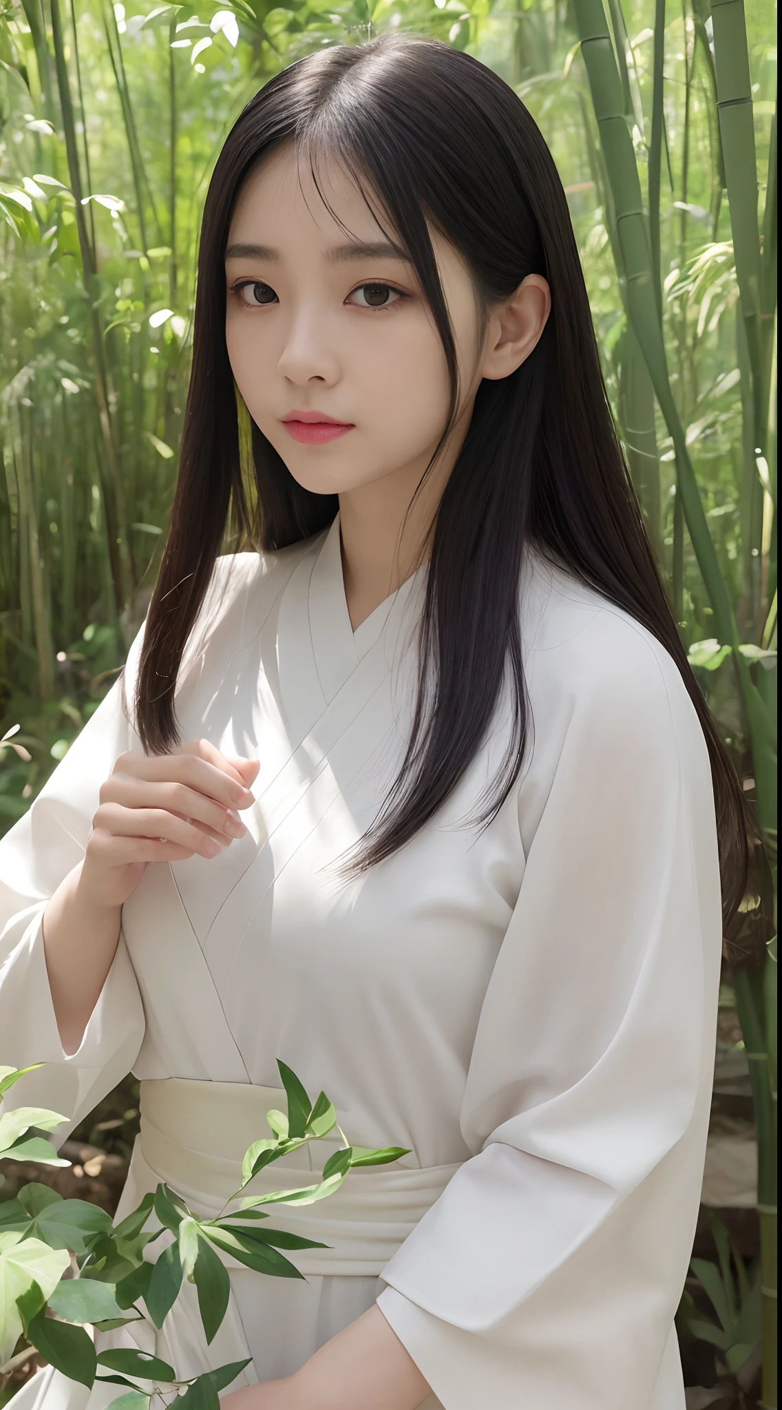 (Best quality,4K,A high resolution,Masterpiece:1.2),Realistic,Portrait,Girl,White Hanfu,Long black hair,Beautiful detailed eyes,beautiful detailed lips,peaceful expression,Gentle smile,girl,Hazy bamboo forest,big rocks,Semi-hidden paths,Dappled sunlight,tranquil ambiance,Traditional Chinese painting style,Vivid colors,Soft lighting