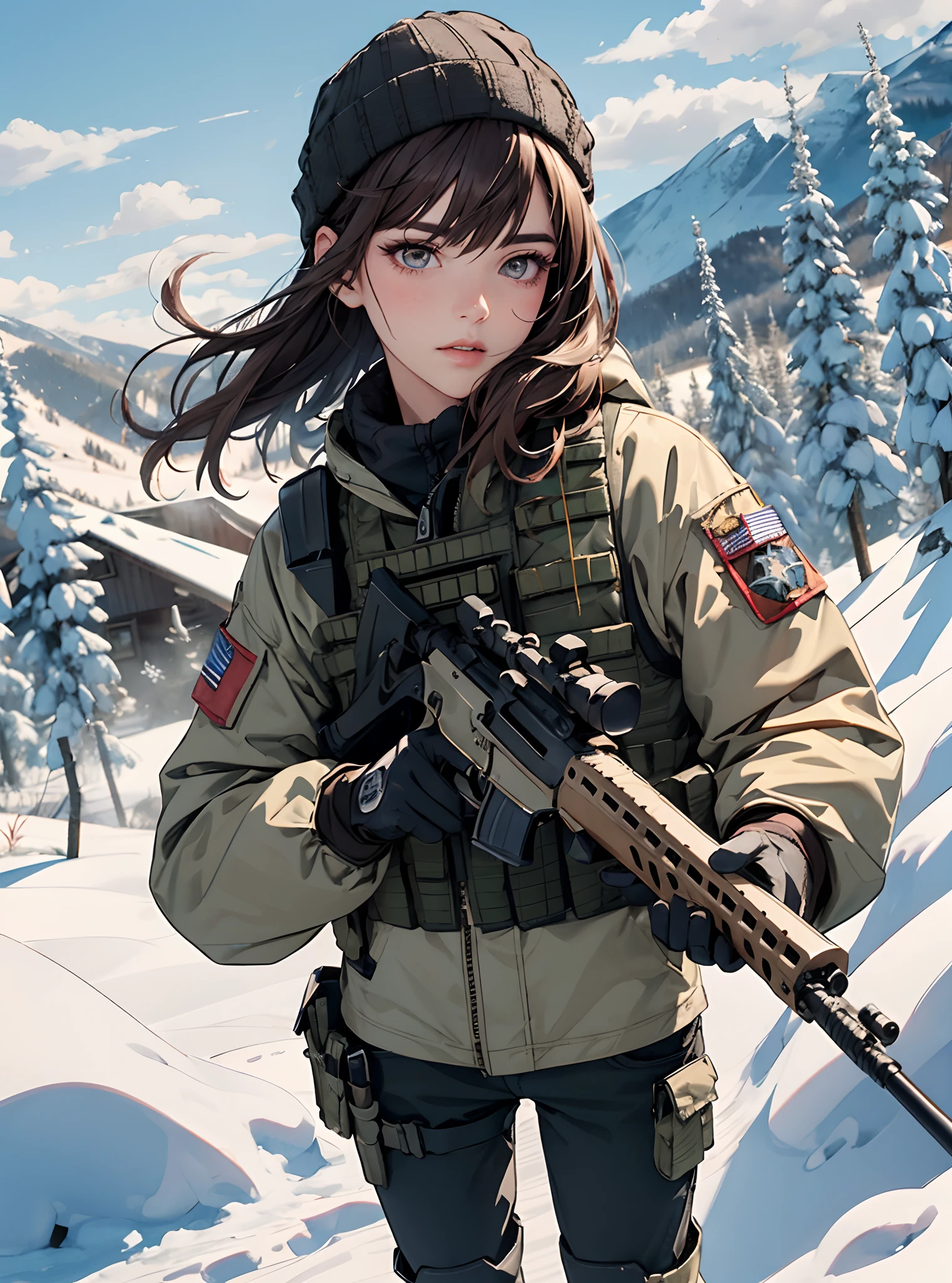 A woman in a military uniform holding a rifle in the snow - SeaArt AI