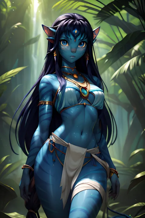 Avatar girl from the planet Navi, There is an avatar tail, Very long messy hair and long bangs, beatiful face, ((sexy facial expression)), Facing the camera, Body color: blue with stripes, skin color: blau, sweaty body, Body glare, ((pretty eyes)), Cyan ey...