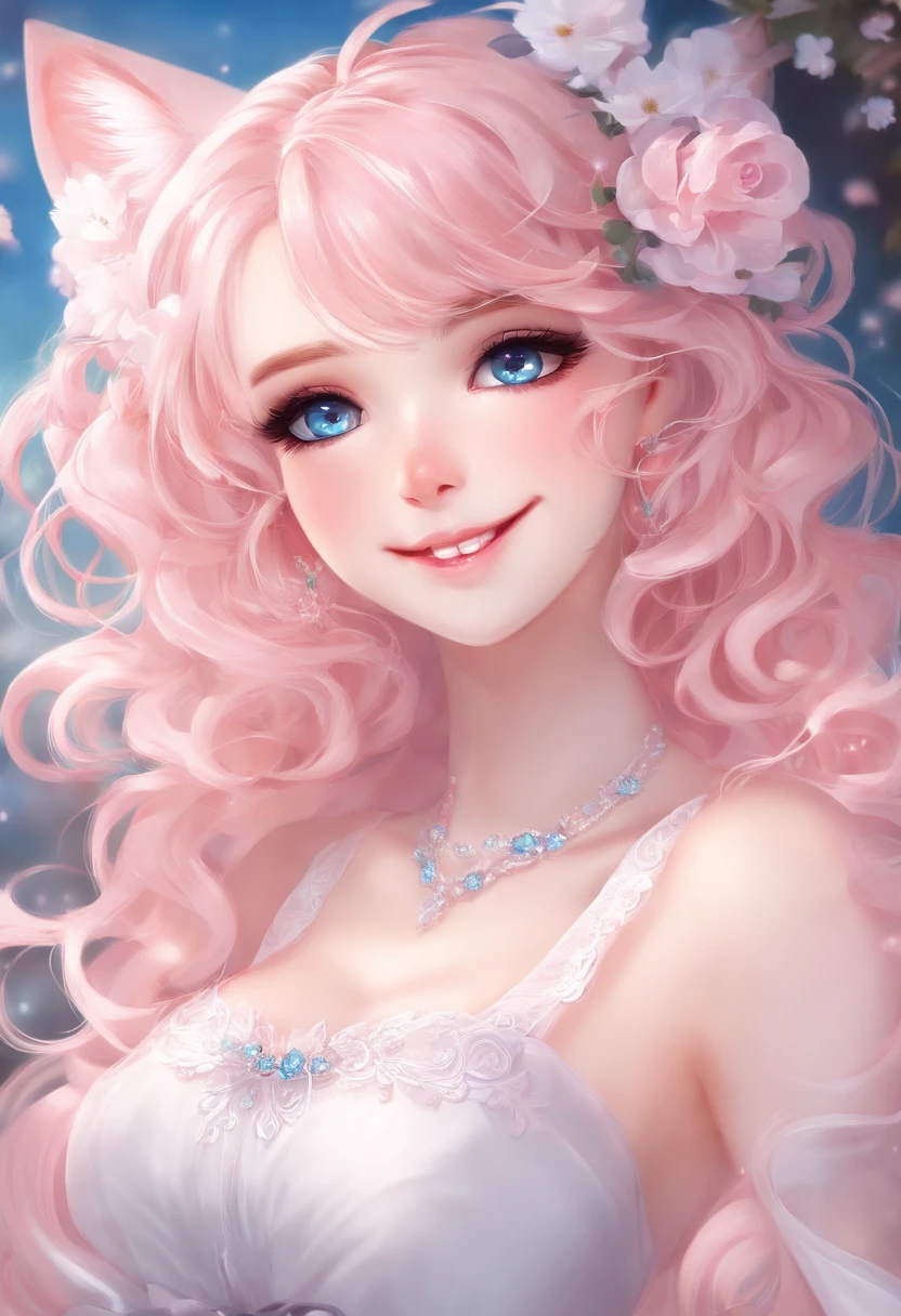 アニメ, HALLO KITTY, kawaii, blue eyes,anime girls, big, sweet smile, beautiful eyelashes, dress pink and white, half body, full body , full lips, Neckline