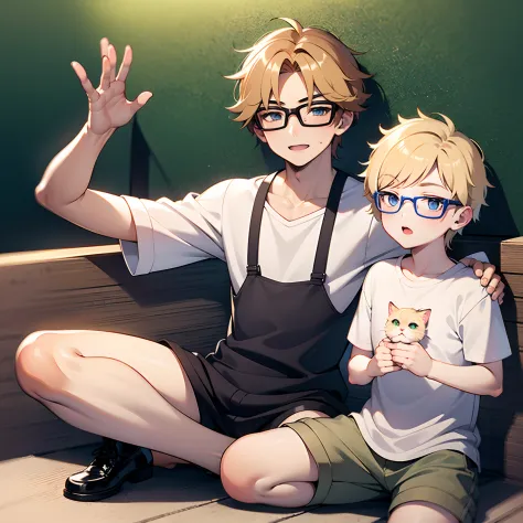 14 year old boy, (1boy), femboy, short and blonde curly hair, glasses, white shirt with cat face on it, alluring, shota, attract...