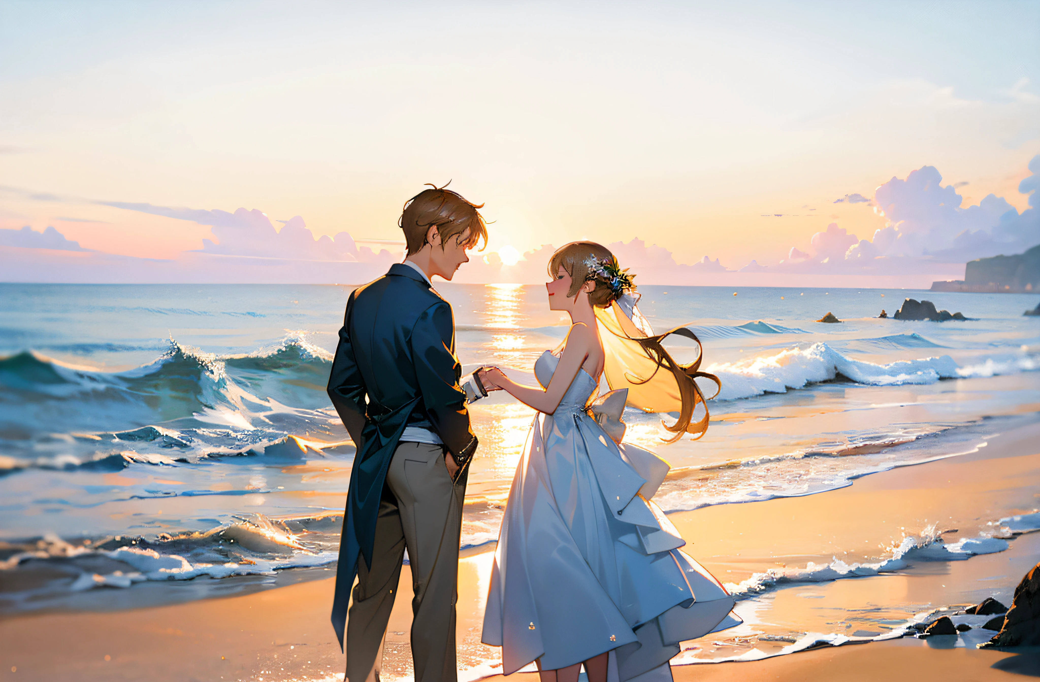 (Best quality,4K,A high resolution:1.2), Beautiful bride and groom standing on a rock by the sea,Candid wedding photography,cute couple,Portrait of love,Happy couple, Portrait of an intimate couple, Groom and bride,Romantic seaside wedding,Silhouette of the bride and groom, Beach wedding,Romantic sunset,Lovers by the sea,Romance by the sea,gentle waves, Enigmatic Atmosphere,Fantastic coastal scenery,soft golden light,Ethereal atmosphere,serene beach setting,Love and joy in the air,The whispers of the ocean, Eternal love,Breathtaking background, Eternal moments,Unforgettable memories